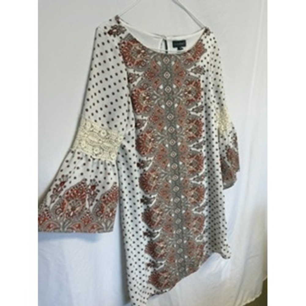 Luxology Womens Paisley Polka Dot Bell Sleeve Lace Inset Shift Dress‎ Size 4
